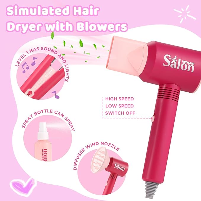 GAGAKU Pretend Hair Salon Toys for Girls,Pretend Makeup for Toddlers Dress Up Beauty Salon Set Stylist Kit with Hair Dryer Apron Curling Flat Scissors Accessories Girl Gifts