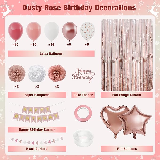 Dusty Pink Birthday Decorations for Women, Happy Birthday Party Decorations, Happy Birthday Banner, Retro Blush Pink White Rose Gold Balloons, Paper Pompoms, Heart Garland, Party Decor for Girls