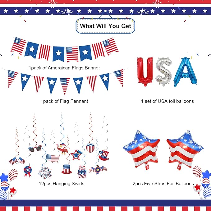 USA Party Decorations, Red Blue White Decorations with American Flag Banner, 12Pcs USA Hanging Swirls Decors, Pennant Bunting Banner, Foil Balloons for Welcome Home Patriotic Party Supplies
