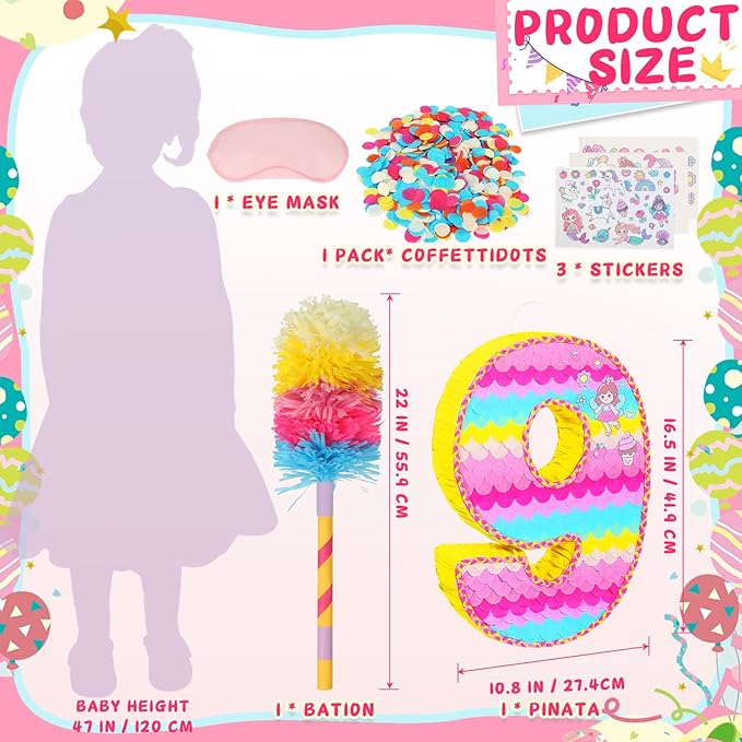 Number 9 Pinata for Birthday Party Decorations, Unicorn Mermaid Theme Pink Piñata Games Toy (9th)