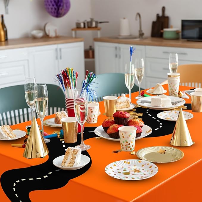 Irenare 3 Pcs Racing Table Cloths Car Birthday Party Supplies 54 x 108 Inch Racetrack Table Runner Covers Disposable Rectangular Road Tablecloth for Kids Boy Car Theme Party Decor (Orange)