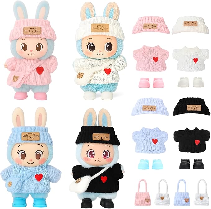 (4 Pack) Clothes for LABUBU 17cm Doll (NO Dolls), Exquisite Luxury Designer Outfits for LABUBU Includes Hat, Dress, Backpack & Shoes, Cute and Stylish Accessories for LABUBU