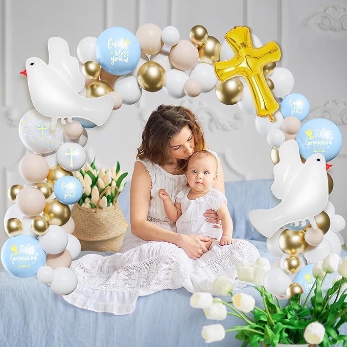169 Pcs First Communion Decorations Balloons Kit Baptism Party Decorations Blue Metallic Gold Balloons Arch Kit First Holy Communion Decor for God Bless Christening Birthday Theme Party Supplies