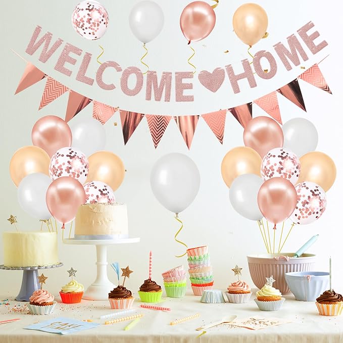 Welcome Home Decorations,Rose Gold Welcome Home Balloons Banners Set,Welcome Home Glitter Banner with Confetti Balloons,Pennant Flag Bunting for Home Family Baby Shower Welcome Back Party Supplies