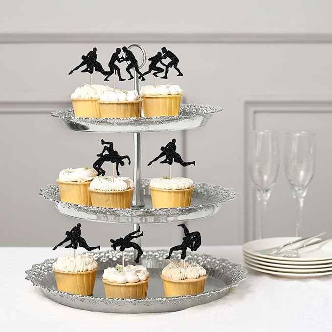 24 PCS Wrestling Cupcake Toppers Glitter Wrestler Cupcake Picks Wrestling Birthday Party Decorations for Sport Theme Boys Men Birthday Party Cake Decorations Supplies Black