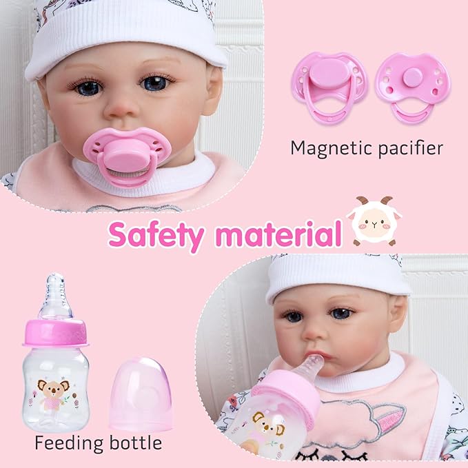 13 Pcs Set Reborn Baby Dolls Clothes Girl Outfit Accessories Pink Sheep Print for 17-22 Inch Reborn Dolls Newborn Girl with Pink Strawberry Backpack Diaper