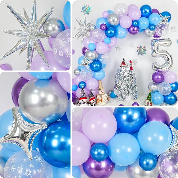 Snow 4th Birthday Decorations Girl, Snowflake Balloon Garland Arch Kit, Laser Explosion Star Balloons, Silver Number 4 Balloon Tower for Baby Shower Girls 4th Snow Theme Party Supplies