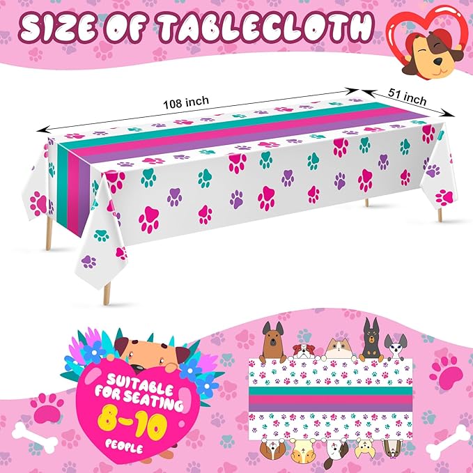 Newwiee 3 Pcs Puppy Paw Print Tablecloth Plastic Disposable Colorful Table Cover Dog Table Cloth Paw Print Party Supplies for Dog Pet Themed Party Decorations Supplies Favors, 51 x 108''