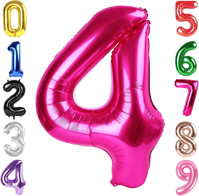 40 Inch Hot Pink Number 4 Balloon, Giant 4 Number Balloons for 4th Birthday Decorations, Party Supplies for Baby Boy Girl, Hot Pink Party Decor