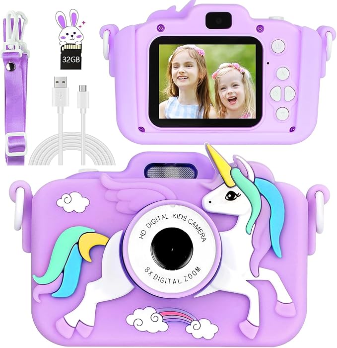 Unicorn Camera for Kids - Toddler Digital Selfie Camera with Silicone Cover, Flash and 32GB SD Card - Children Toy HD Video Kids Camera for Girls and Boys 3-12 Years - Purple