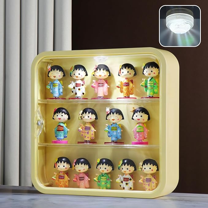 Clear Display Case, Figures with Light, Wall-Mounted Display Cases 3-Layer Storage Box with Door, Dust Proof, Moisture Proof, Suitable for Pop Mart, Collectibles Mini Figures Toys