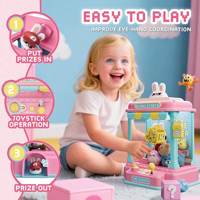 Mini Claw Machine for Kids, Pixel Art Rabbit Vending Machine Toys for Girls, Candy Claw Machines with Plush and Capsule Toy for Age 3+, Birthday Party for 3-8 Years Old Kid