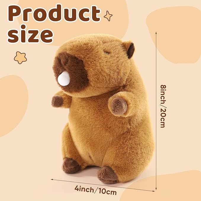 Sew Butiful Stuffed Capybara Plush, 8" Cute Plushie for Animal Themed Parties Teacher Student Award, Animal Toys for Baby, Boy, Girls, Great for Nursery, Room Decor, Bed