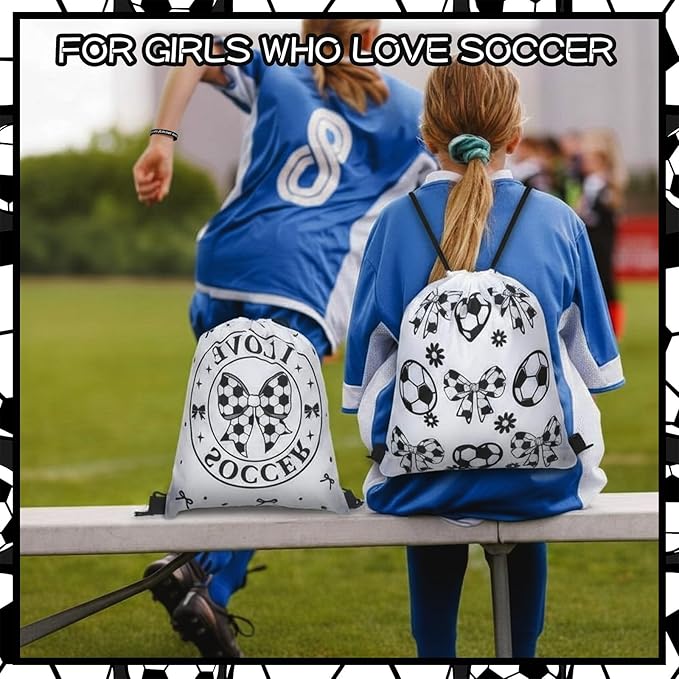 32 Pcs Coquette Bow Soccer Party Favors Set 16 Drawstring Goodie Bags 16 Silicone Wristband Snack Treat Candy Bags Motivational Bracelets Sports Birthday Party Supplies for Men Women