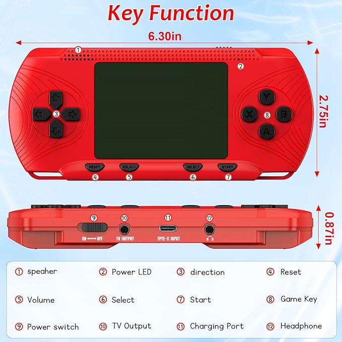 Handheld Game for Kids, Portable Video Game Player Preloaded 258 Retro Video Games & 3 Cartridges, 3.0" LCD Screen, Mini Gaming Player with Rechargeable Battery, Birthday Xmas Gift for Boys Girls 4-12