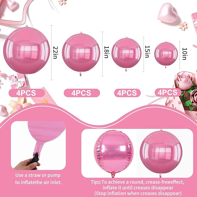 TONIFUL 16Pcs Large Pink 4D Giant Round Foil Balloon 4D Mirror Metallic Mylar Sephere Balloons for Christmas New Year Birthday Party Graduation Wedding Baby Shower Decoration Supplies(Mix Sizes)