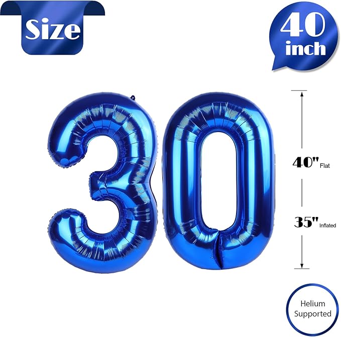 Navy Blue Number 30 Balloon 40 inch, 30 Number Balloons, 30th Navy Blue Birthday Decorations, 30 Year Old Women Men Blue Party Supplies