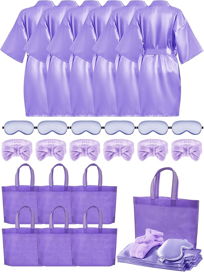 Sintuff 24 Pcs Sleepover Party Supplies for Girls 6 Spa Robes for Girls Slumber Party 6 Tote Bags 6 Headbands 6 Spa Masks