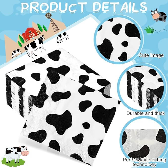 Chengu 100 Pieces Cow Print Napkins 2 Layers Cow Print Party Supplies Farm Animal Napkins for Animal Themed Birthday Party Western, 5 x 5 Inches