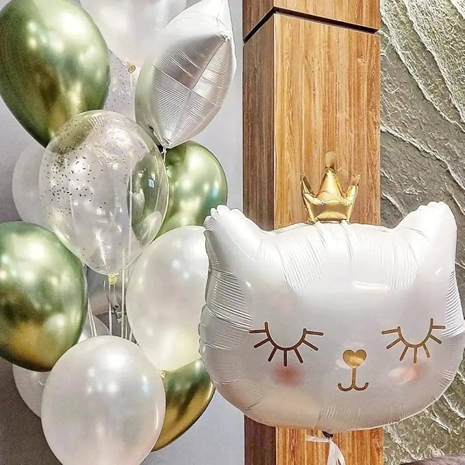 Giant Cat Balloons 28 Inch Adorable Crown Kitty White Cat Balloons for Kitten Pet Cat Theme Birthday Party Decorations