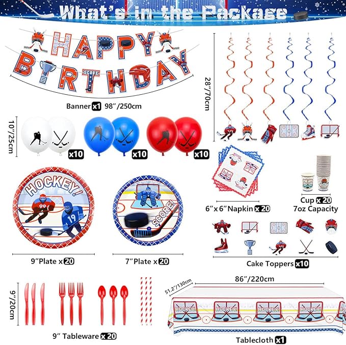 Hockey Party Supplies - Ice Hockey Birthday Party Set Including Plates, Cups, Napkins, Tableware, Tablecloth, Hanging Swirl, Balloons, Banner for Kid's Hockey Fans Birthday Gameday - Serves 20