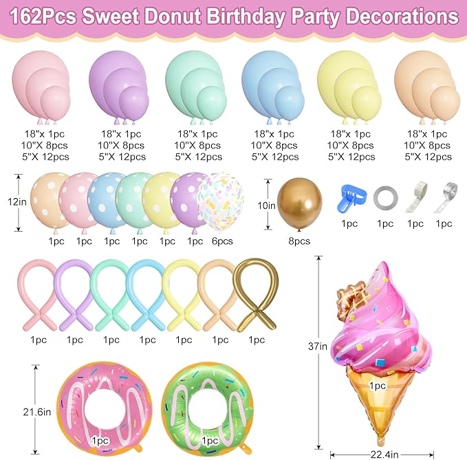 Pastel Donut Balloon Arch Garland Kit, 162pcs Donut Two Sweet One Birthday Party Supplies Girl Pastel Sprinkle Confetti Candy Ice Cream Foil Balloons for First Birthday Party Baby Shower Decorations