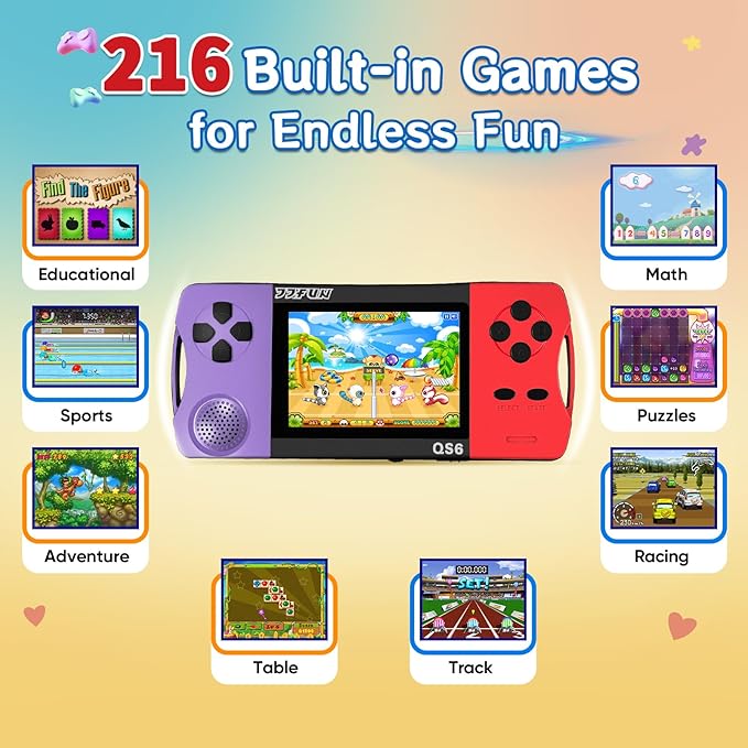 16 Bit Handheld Games for Kids with 3.5" IPS Large Screen Built-in 216 Retro Video Games Portable Gaming Player with Rechargeable Battery Mini Arcade Electronic Toy Gifts for Boys Girls (Purple+Red)