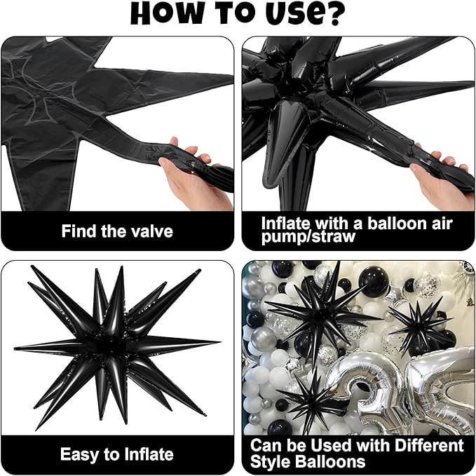 10 Pcs Black Star Balloons Explosion Balloons Foil Cone Balloon Magic for Birthday Wedding Anniversary Party Backdrops Decorations Supplies, 6 Pcs 22 Inches and 4 Pcs 27 Inches