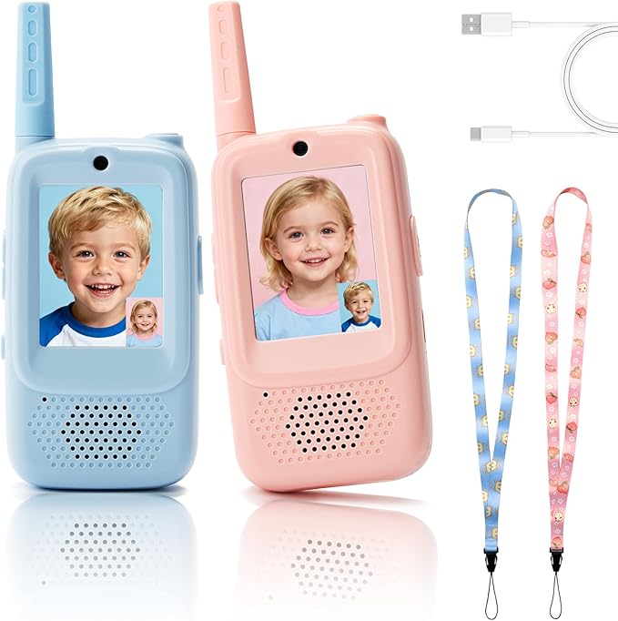 2-Pack Kids Walkie Talkies with Video Calling, No Wi-Fi Needed for 2-Way Video Chat, Rechargeable Handheld Video Intercom for Indoor Outdoor Play, Camping, Gift for Boys Girls Ages 3-12 (Blue/Pink)