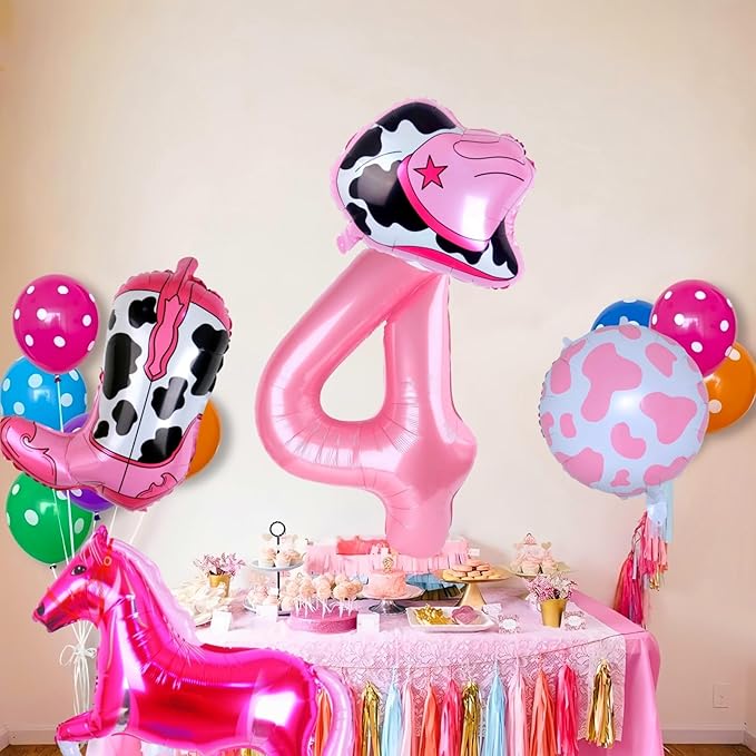 Cowgirl Balloons Disco Girl 4th Birthday Party Decorations, Pink Horse Hat Boot Balloons Rodeo Birthday Party Decor Supplies Favors Foil Mylar 32 Inch Light Pink 4 Balloon
