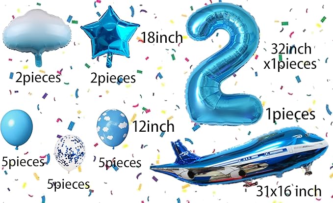 31inch Large Airplane Blue Party Decoration Airplane Balloon Set Birthday Party Supplies (2 Number Airplane)