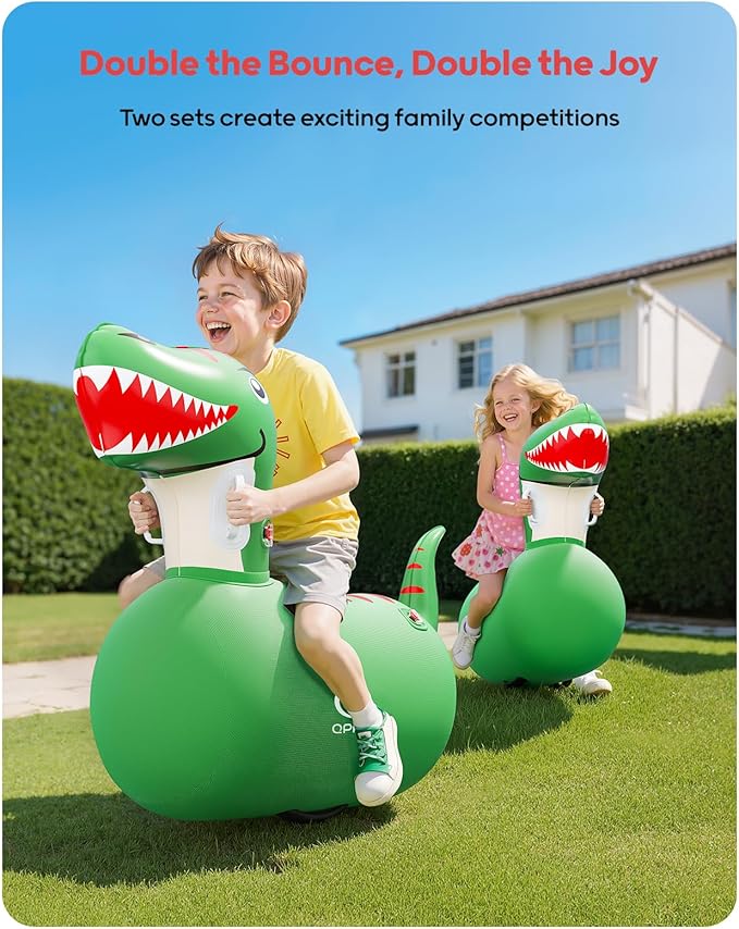 QPAU Inflatable Bouncy Dinosaur Toys 2 PCS with Hand Pump, Heavy Duty Giant Bouncy Pal, 220lbs Load Capacity, Ride On Bouncy Animal Hopper Toy, Indoor Outdoor Bouncers for Kids Girls Boys Ages 5+