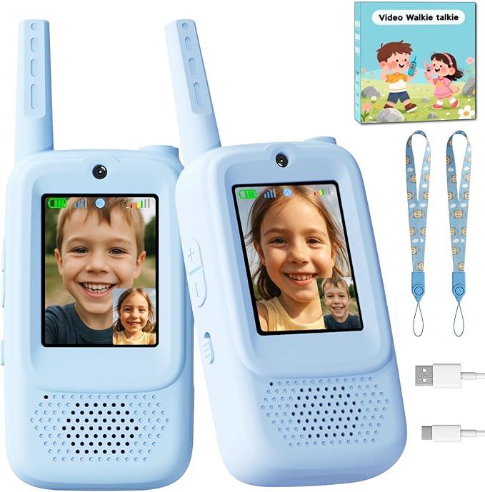 Video Walkie Talkie Toys for Age 3-12 Boys, 2 Pack Rechargeable Walkie Talkies with Screen, Christmas Birthday Gifts for Boys Kids Indoor Outdoor Camping (Blue)