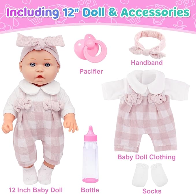Ecore Fun 12" Baby Doll and Clothes Accessories Playset - 6 Pcs 12 Inch Doll with Pink Romper Outfit, Headband, Socks, Pacifier, Bottle | Gift Ready in Box