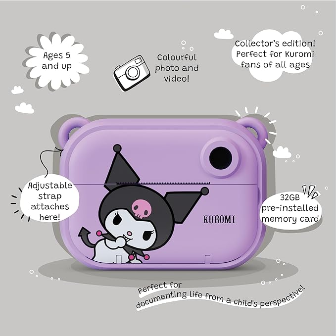 kiimento Sanrio Licensed Instant Print Digital Camera, Best Travel Buddy Kuromi, 2.4” HD Screen, Ink-Free B&W Printing, Selfie Lens, 1080p Video, 32GB Memory Card (Model P)