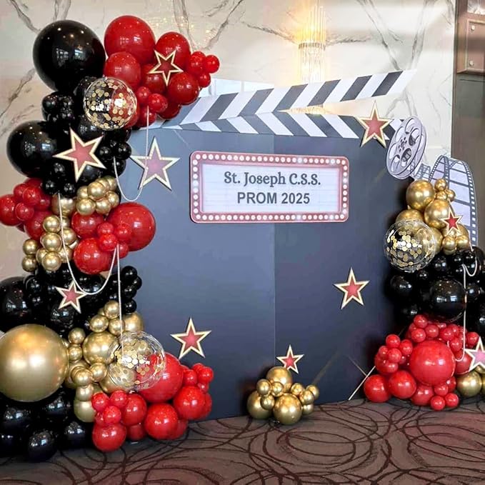 155Pcs Red Black Gold balloons Garland Arch Kit with Gold Confetti Balloons for Graduation Anniversary Casino Night Hollywood New Years Movie Night Birthday Decorations