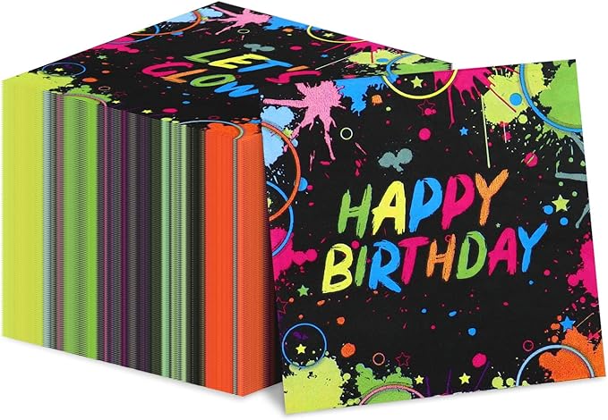 100Pcs Let’s Glow Party Napkins, 13 x 13 Inches Glow in The Dark Paper Napkins, Black Light Neon Paint Party Napkins for Lets Glow Crazy Party Neon Fluorescent Birthday Party Decorations