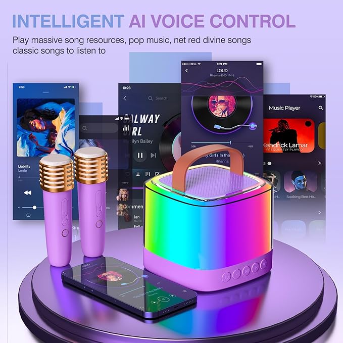 Mini Karaoke Machine for Kids Ages 2-12, Portable Wireless Karaoke Speaker with LED Party Lights & 2 Wireless Microphones, Perfect Birthday & Holiday Toys Gifts for Girls Boys（Q21-Purple）