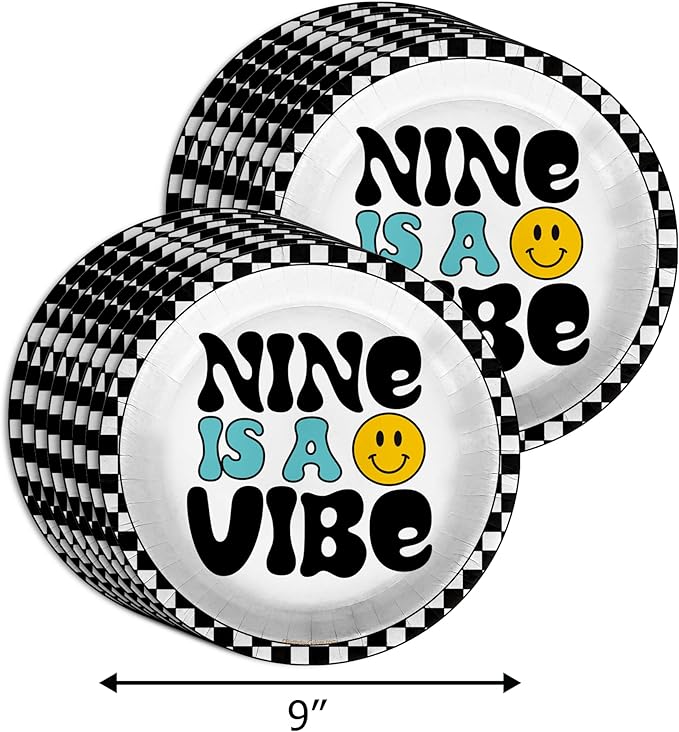 Nine is a Vibe Smiley Face 9th Birthday Party Supplies - 64 Piece Boys Ninth Birthday Tableware Set Includes Large 9" Dinner Plates and 8" Dessert Paper Plates Napkins Cups - Kit for 16