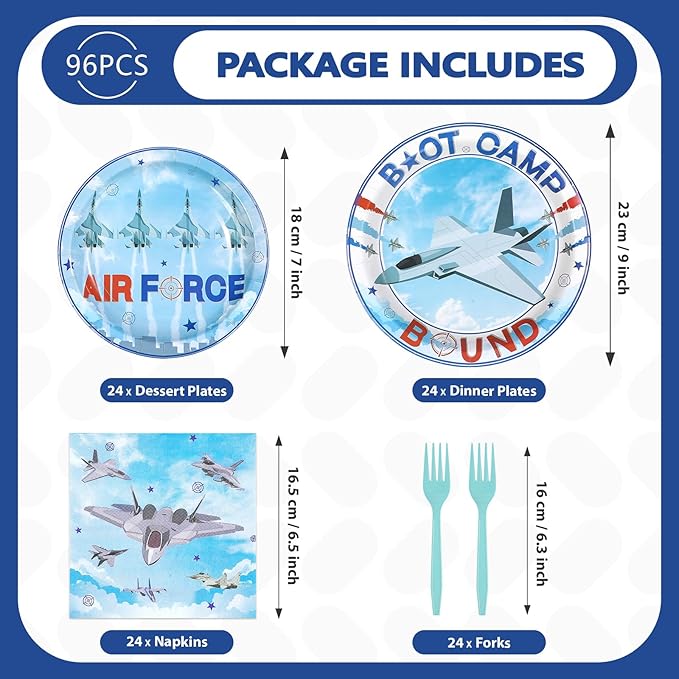 96Pcs Air Force Party Decorations Airplane Aviation Plates and Napkins Army Boot Camp Themed Disposable Paper Tableware Set for AirForce Pilot Birthday Patriotic Party Supplies Serves 24