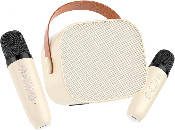 Mini Karaoke Machine for Kids Gifts for Girls Boys with 2 Wireless Microphones,4 Magic Voices,Portable Design for Indoor Outdoor Party Singing Fun,Birthday Christmas Toys for Children 3-12 Beige