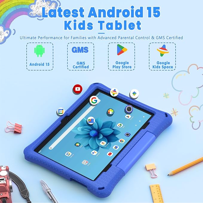 Kids Tablet: 10 Inch Android 15 Tablet for Kids, 64GB Octa-Core 6000mAh Battery, WiFi 6, Pre-Installed Kids Apps, Parental Control with EVA Protective Case – Ideal Gift for Toddler, Blue