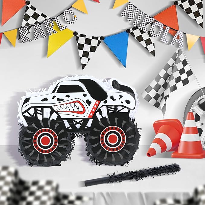 Monster Truck Dalmatian Pinatas Bundle with a Blindfold and a Bat (16 x 13 x 4 Inches), Perfect for Boys Birthday Parties, Dog Truck Decorations games