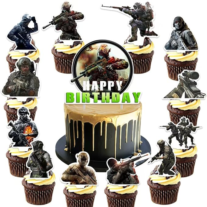 25Pcs Call of-Duty Birthday Party Supplies Pack Includes 1 Cake Topper 24 Cupcake Toppers for Game Call Party Supplies