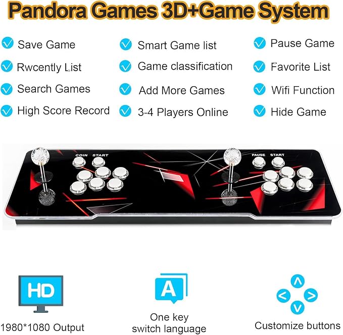 【 35000 Games in 1 】 70S Pandoras Box Arcade Game Console Retro Game Machine for Home PC & TV, 2-4 Players, 1280X720, Support 3D , Search/Hide/Save/Load/Pause , Favorite List,Double Stick