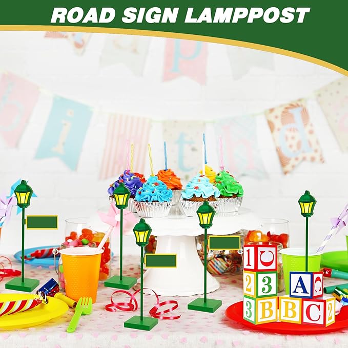 24 Pcs Street Sign Wooden Lamp Post with Custom Street Sign Sticker Abc Friend Street Party Decoration, Lamp Post Centerpiece Street Party Supplies for Birthday Party Decor Friend Street Decoration