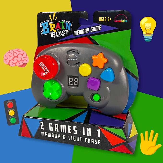 MUKIKIM Brain Blast - Memory & Light Chase 2 Games in 1. Exciting & Unique Electronic Handheld Game for Kids Ages 3+. Challenge Yourself to Repeat The Patterns & Advance to Higher Levels!