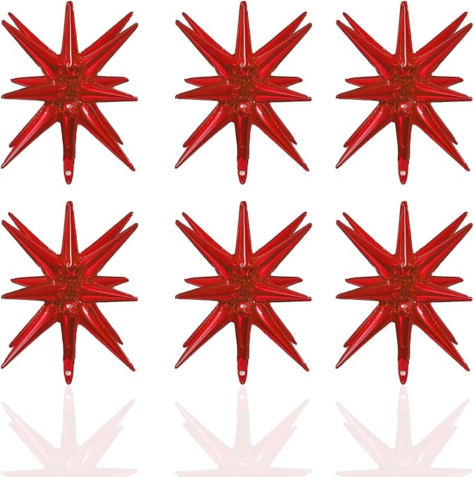 6 Pcs Red Star Foil Balloons One-Piece 14-Pointed Star Balloon 4D Starburst Cone Mylar Balloon 22inch Christmas Birthday Wedding Wedding Anniversary Party Supplies(Red)