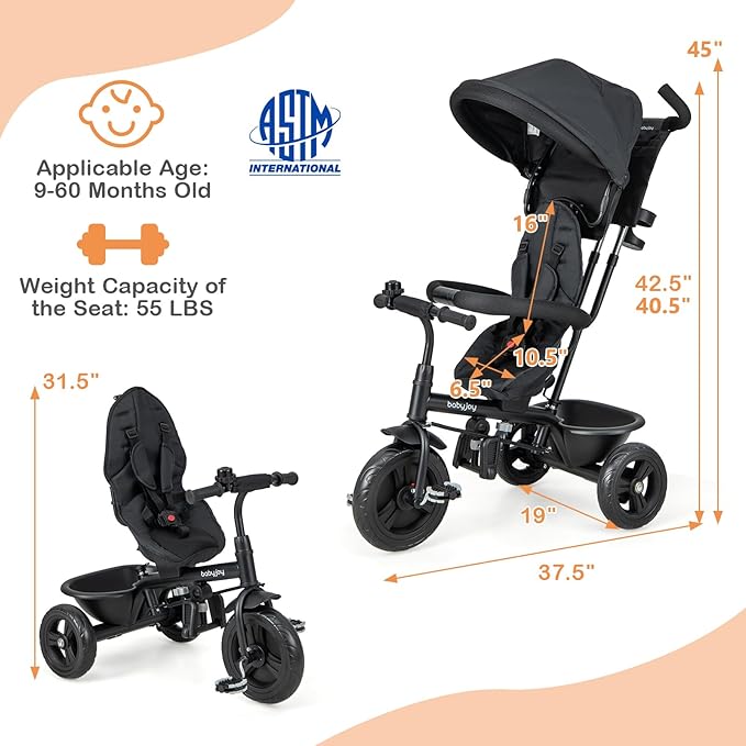 BABY JOY Tricycle, 4 in 1 Toddler Bike w/Removable Canopy, Adjustable Push Handle, Reversible Seat, Safety Belt, Folding Footrest & Storage Basket, Toddler Tricycle for Boys Girls 9-60 Months (Black)