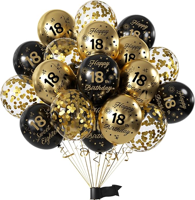 Black Gold 18th Birthday Balloons Pack of 15 Boys Girls Happy 18th Birthday Party Deocorations Supplies Boys Girls Sweet 18th Birthday Ballloons Latex Confetti Balloons 12inch & Ribbon